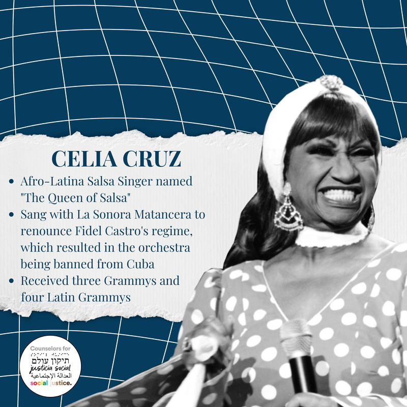 Image background: A wavy-lined grid with a navy blue background, text on a ripped strip of white paper B&W Photo of Celia Cruz smiling with long dark hair and bangs wearing a white headband, polkadot dress, white choker necklace, and dangling earrings. She is holding a microphone at her chest level. Text: Celia Cruz Afro-Latina Salsa Singer named 