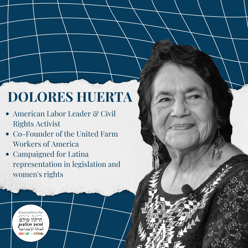 Image background: A wavy-lined grid with a navy blue background, text on a ripped strip of white paper B&W photo of Dolores Huerta smiling with short, dark curly hair wearing dreamcatcher earrings and a geometric pattern shirt Text: Dolores Huerta American Labor Leader & Civil Rights Activist Co-Founder of the United Farm Workers of America Campaigned for Latina representation in legislation and women's rightsPicture