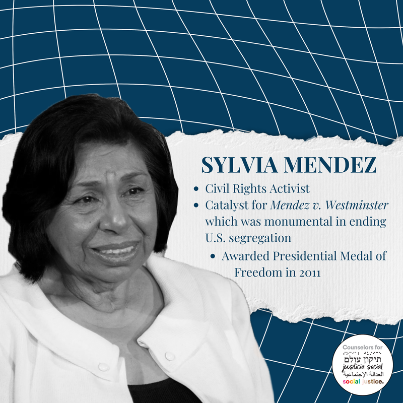 Image background: A wavy-lined grid with a navy blue background, text on a ripped strip of white paper B&W Photo of Sylvia Mendez smiling with short dark hair wearing a white blazer and dark shirt Text: Sylvia Mendez Civil Rights Activist Catalyst for Mendez v. Westminster which was monumental in ending U.S. segregation Awarded Presidential Medal of Freedom in 2011