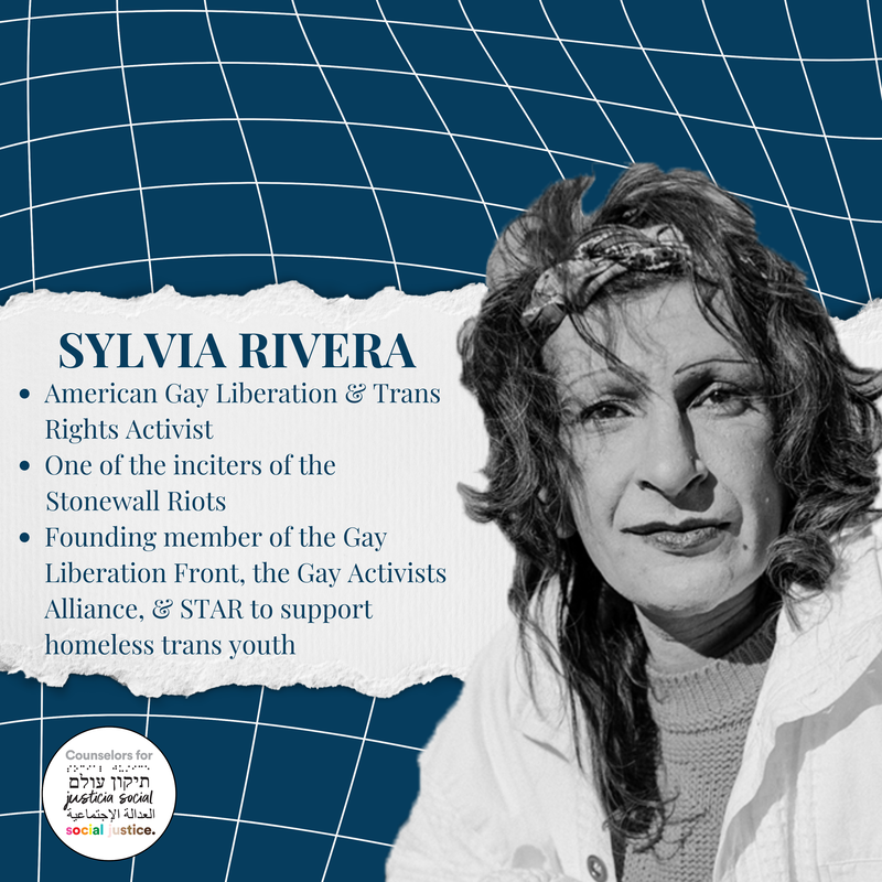 Image background: A wavy-lined grid with a navy blue background, text on a ripped strip of white paper B&W phot of Sylvia Rivera with shoulder-length medium-tone hair wearing a bandana with a white buttoned shirt open over a sweater Text: Sylvia Rivera American Gay Liberation & Trans Rights Activist One of the inciters of the Stonewall Riots Founding member of the Gay Liberation Front, the Gay Activists Alliance, & STAR to support homeless trans youthPicture