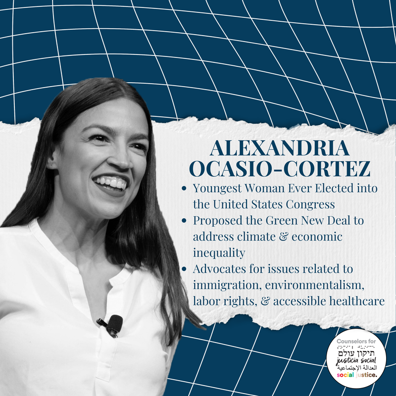 Image background: A wavy-lined grid with a navy blue background, text on a ripped strip of white paper B&W photo of Alexandria Ocasio-Cortez smiling with long, straight dark hair wearing a white collared button shirt with a microphone clipped on her chest Text: Alexandria Ocasio-Cortez Youngest Woman Ever Elected into the United States Congress Proposed the Green New Deal to address climate & economic inequality  Advocates for issues related to immigration, environmentalism, labor rights, & accessible healthcarePicture