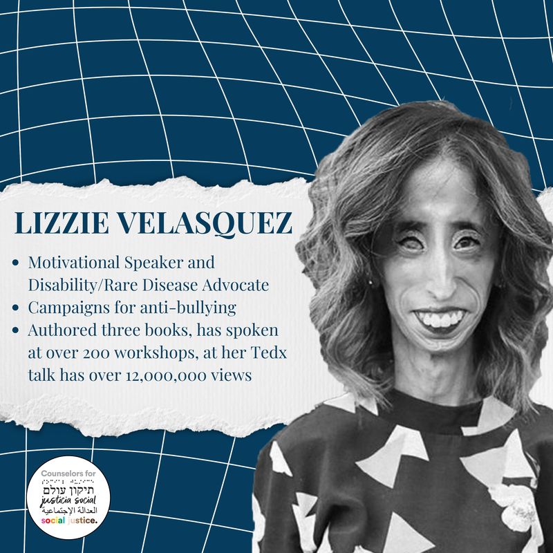 Image background: A wavy-lined grid with a navy blue background, text on a ripped strip of white paper B&W phot of Lizzie Velasquez smiling with wavy medium-tone hair and a geometric pattern shirt Text: Lizzie Velasquez Motivational Speaker and Disability/Rare Disease Advocate Campaigns for anti-bullying Authored three books, has spoken at over 200 workshops, at her Tedx talk has over 12,000,000 viewsPicture