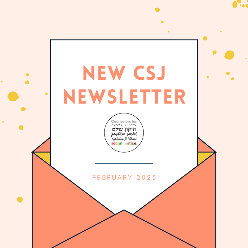 Photo of a orange and yellow envelope with a paper coming out of it stating “New CSJ Newsletter February 2023” CSJ Logo