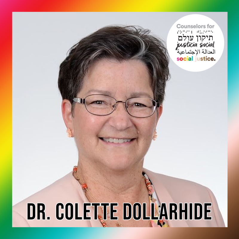 Photo of Dr. Collette Dollarhide wearing a light pink blazer with thin-framed glasses and short, brown hair with grey highlights. Text reads 