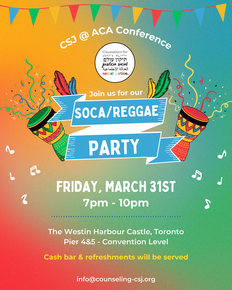 CSJ @ ACA Conference Join us for our Soca/Reggae Party Friday, March 31st 7pm-10pm The Westin Harbour Castle, Toronto Pier 4&5 - Convention Level Cash bar & refreshments will be served info@counseling-csj.org Background Description: Red, Yellow, Green and Blue Gradient. Illustrations of drums, confetti, feathers, ribbons, a banner, and music notes