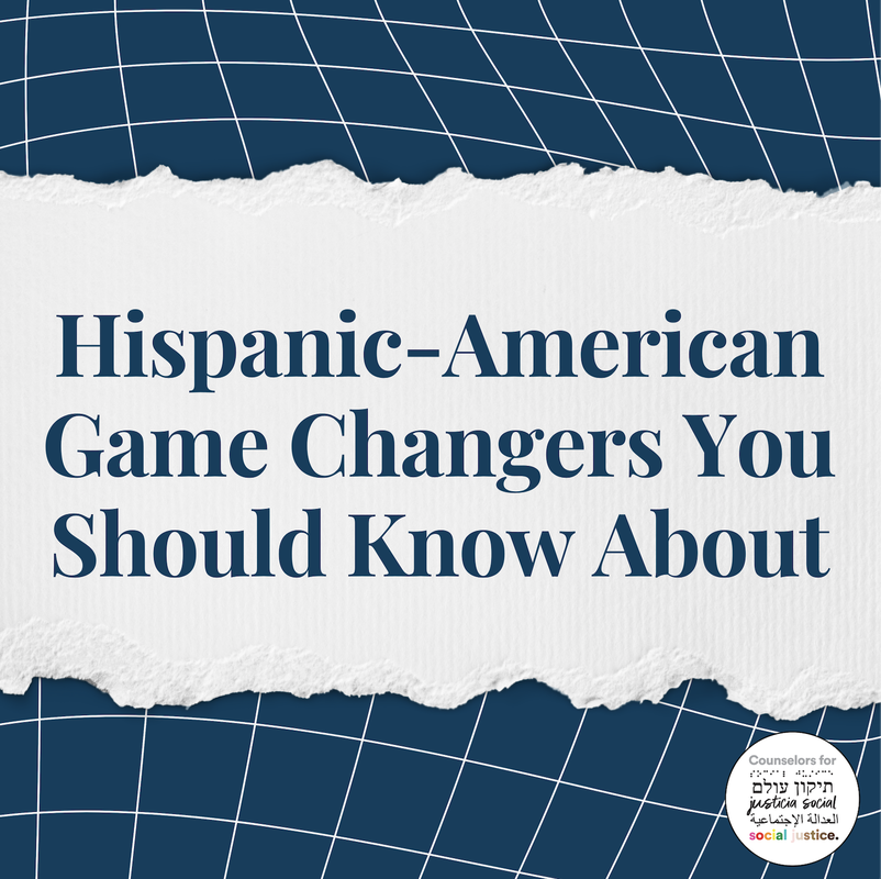 Image background: A wavy-lined grid with a navy blue background, text on a ripped strip of white paper Text: Hispanic-American Game Changers You Should Know AboutPicture